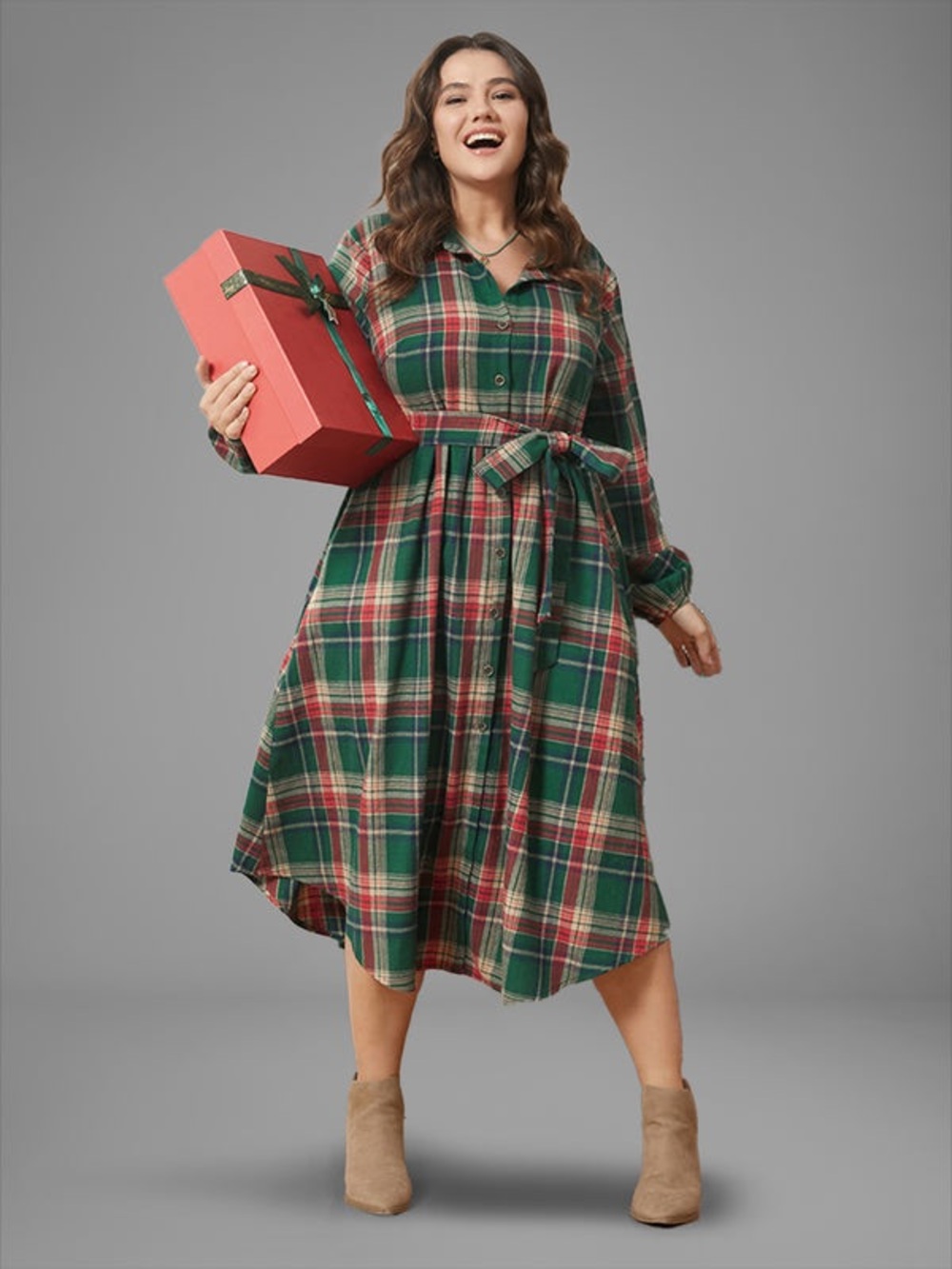 Forest Green Tartan Plaid Print Flannel Belted Dress Women 2XL